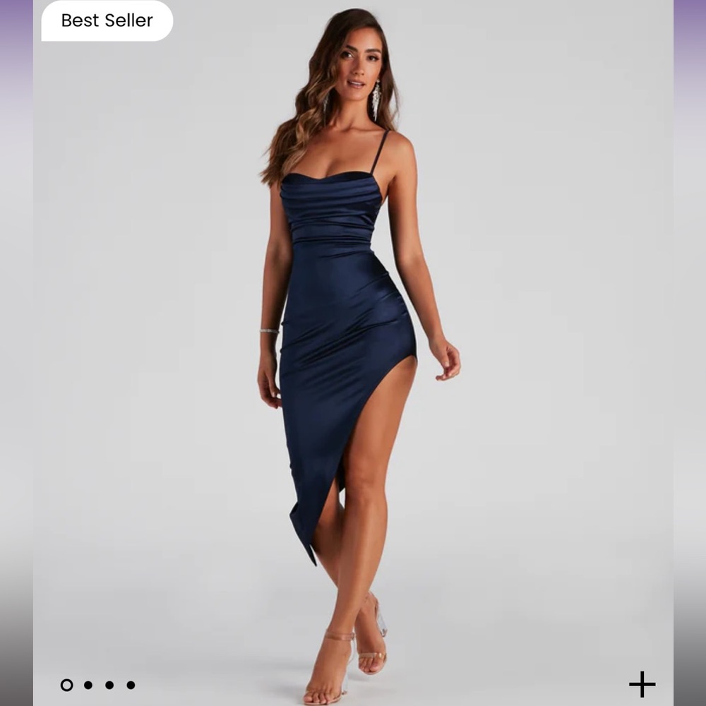 Navy Satin Midi Formal Dress